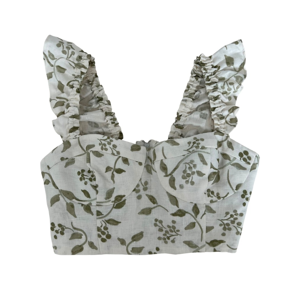 Reformation Junie 100% Linen Crop Top in Cypress Green Floral Print SZ 2 Boho - Picture 2 of 7